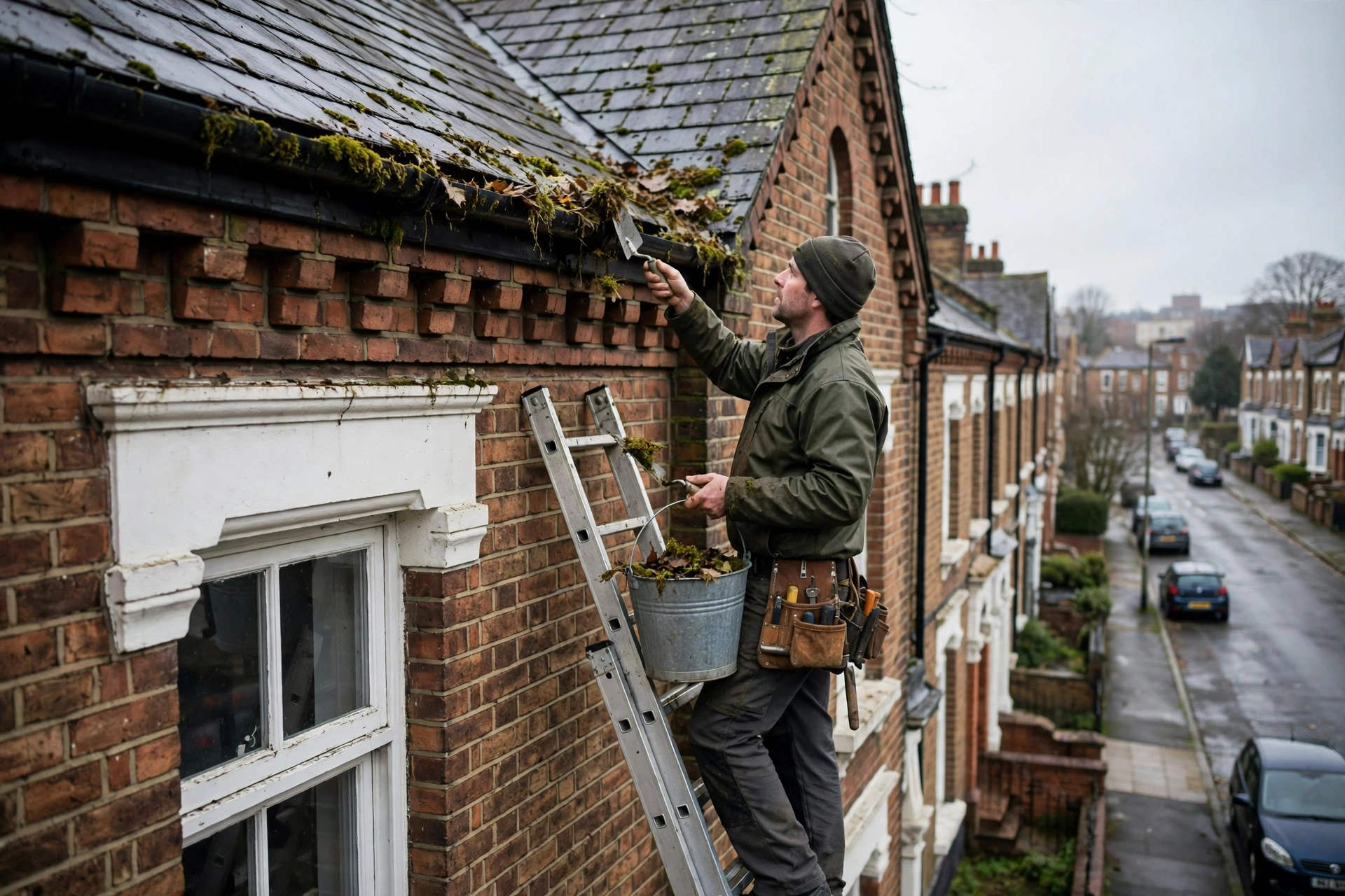 A roofer on a ladder clearing moss and leaves from a black gutter on a Victorian brick terrace house