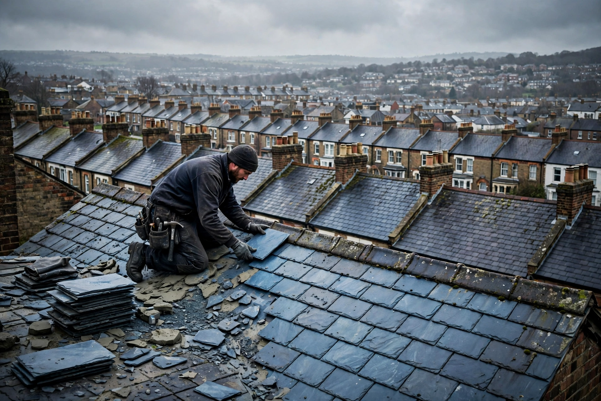 A Tyne and Slate roofer relaying Welsh slate on a pitched Victorian terrace roof in Newcastle, rows of rooftops and chimney stacks behind him