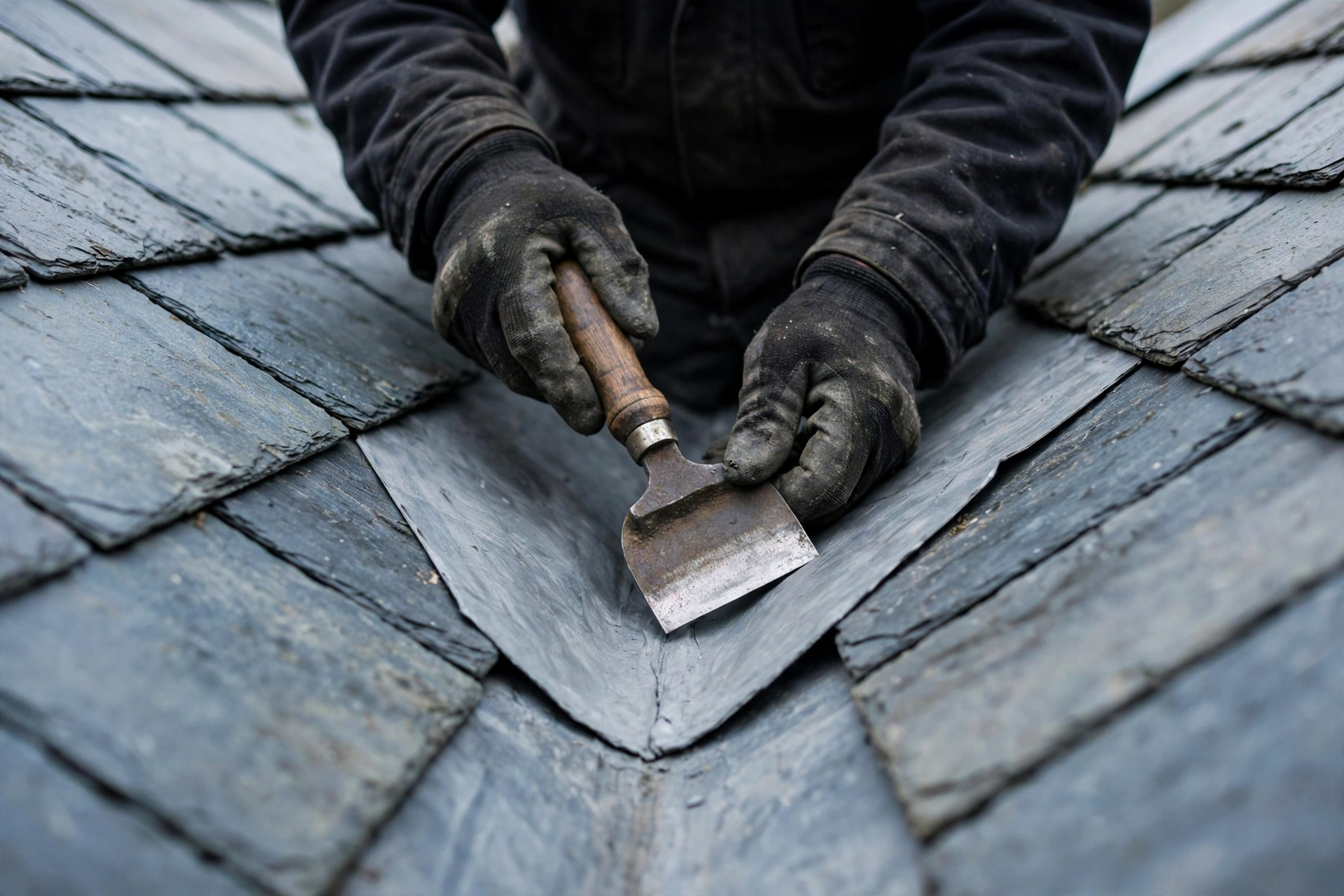 A roofer dressing grey lead flashing into a roof valley with a lead dresser tool, slate tiles either side