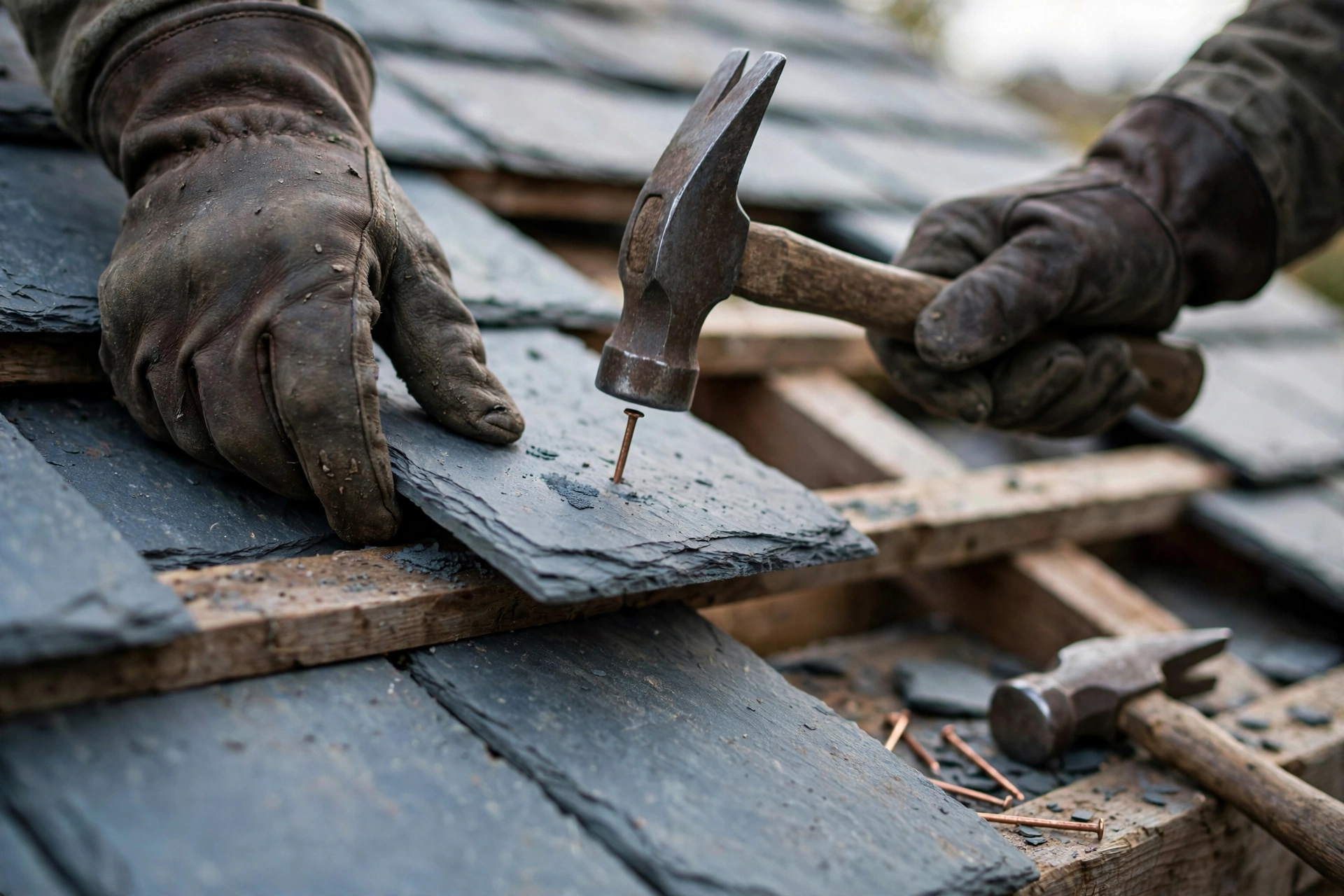 Close-up of a roofer's gloved hands nailing Welsh slate tiles onto timber battens, a slate hammer resting nearby