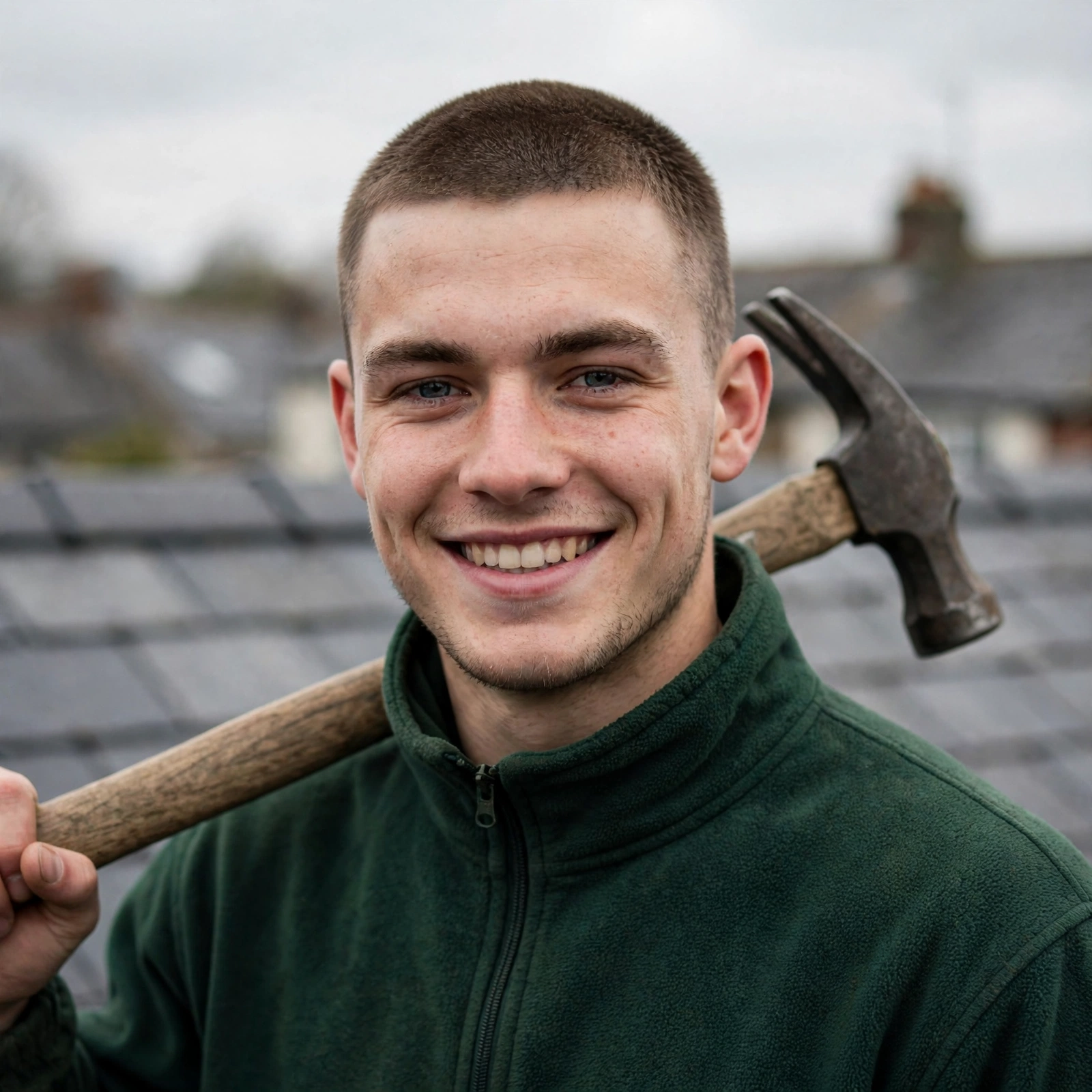 Anto, roofer, in a dark green work fleece with a slate hammer over his shoulder, smiling