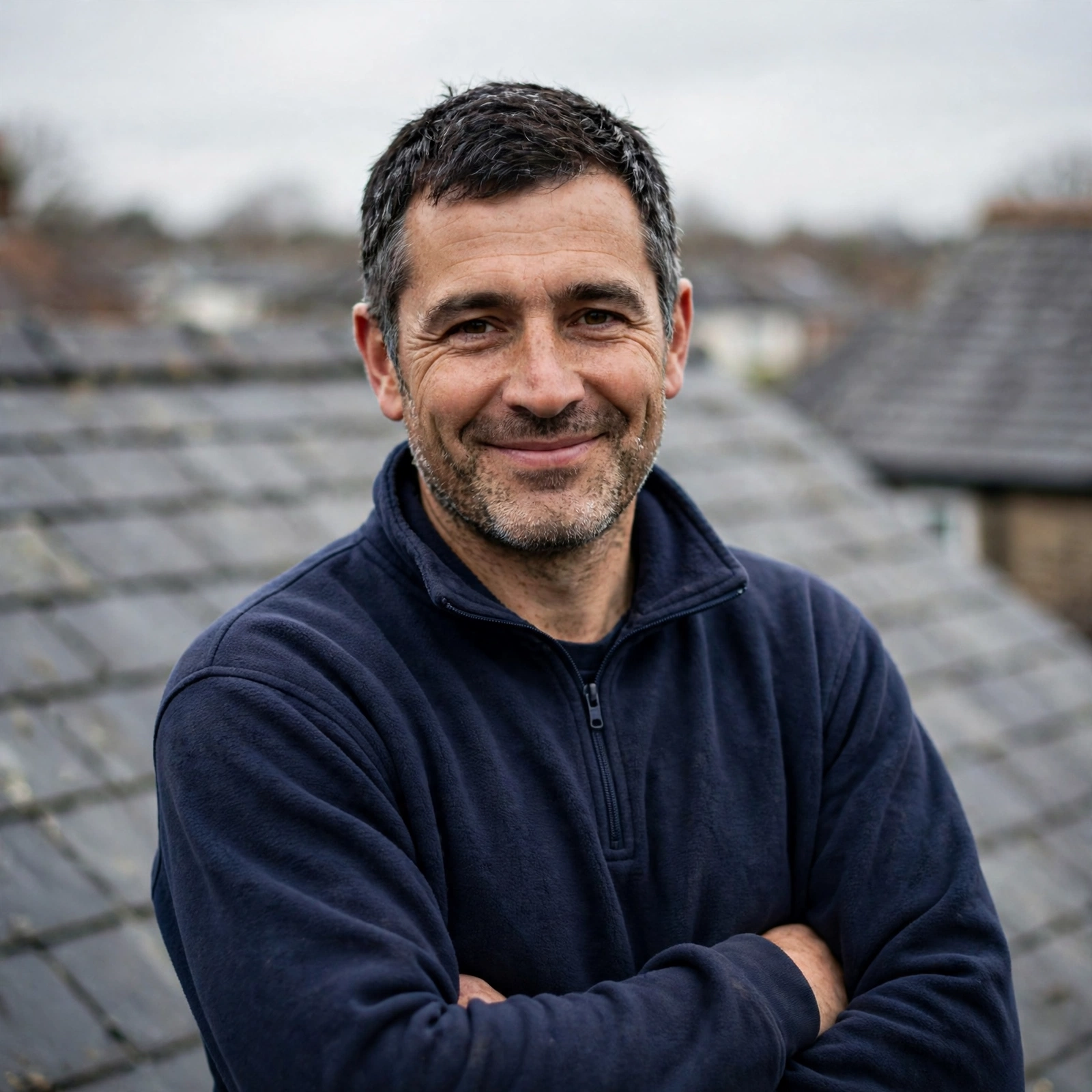 Dave, founder and lead roofer, in a plain navy work fleece with his arms crossed on a slate rooftop