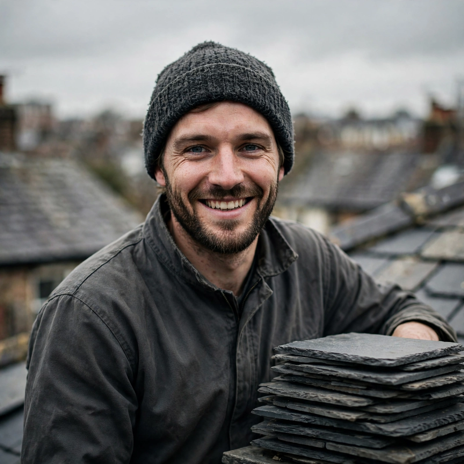 Ste, senior roofer, in a charcoal work jacket and beanie, leaning on a stack of slate tiles