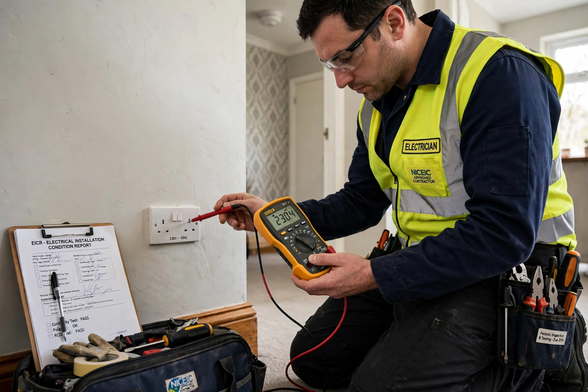 Electrician logging test results into an official EICR digital report on a tablet