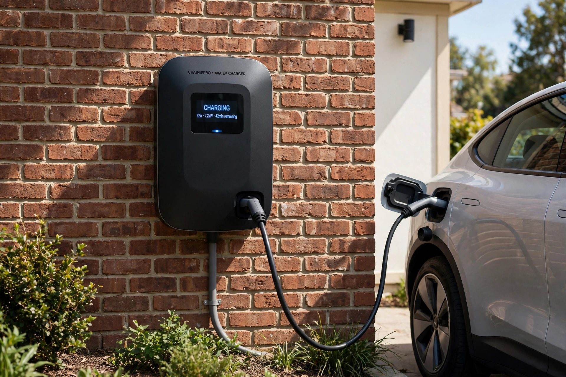 Tethered electric vehicle home charging unit installed on brick driveway exterior