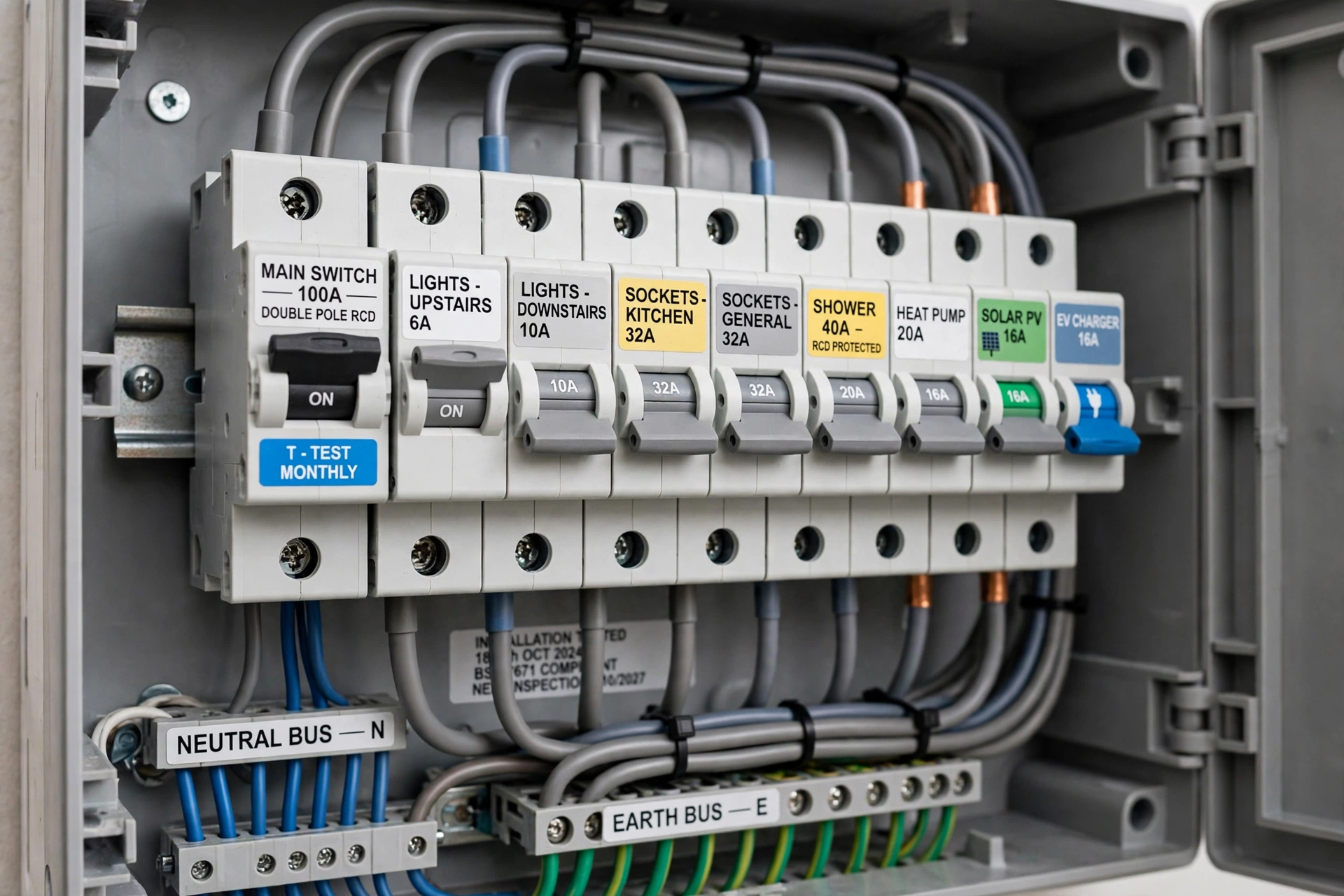 Metal 18th edition RCBO consumer unit with surge protection device installed