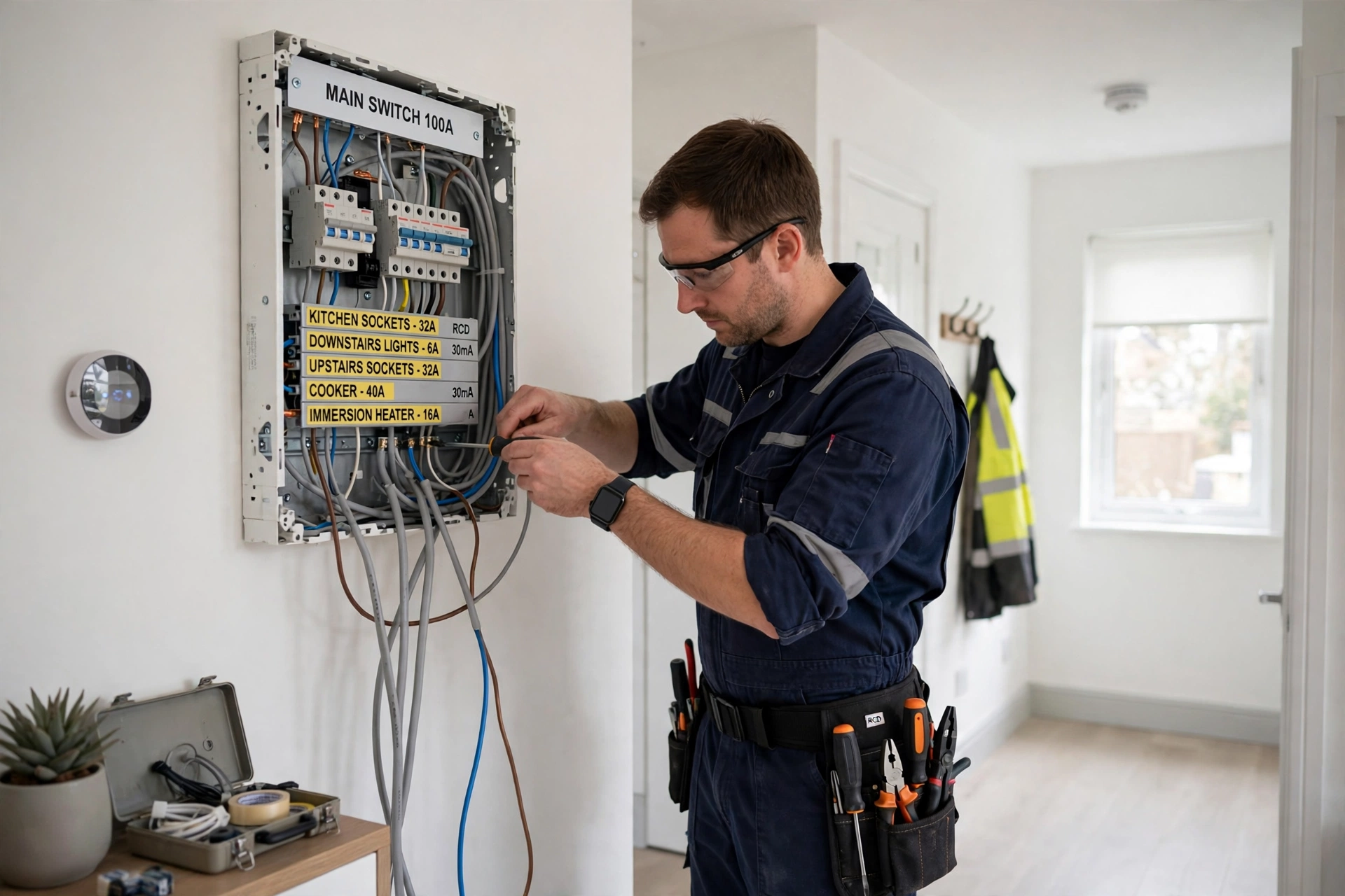 NICEIC electrician testing a metal dual-RCD consumer unit with a calibrated multi-function tester