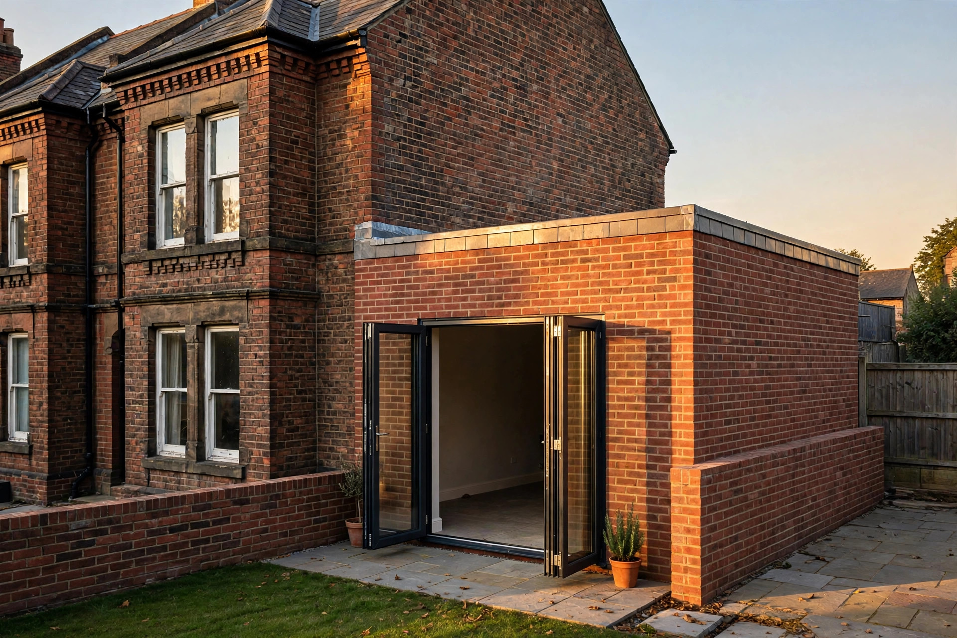 Newly built red-brick rear extension with black bi-fold doors on a Victorian terraced house in Sheffield at golden hour