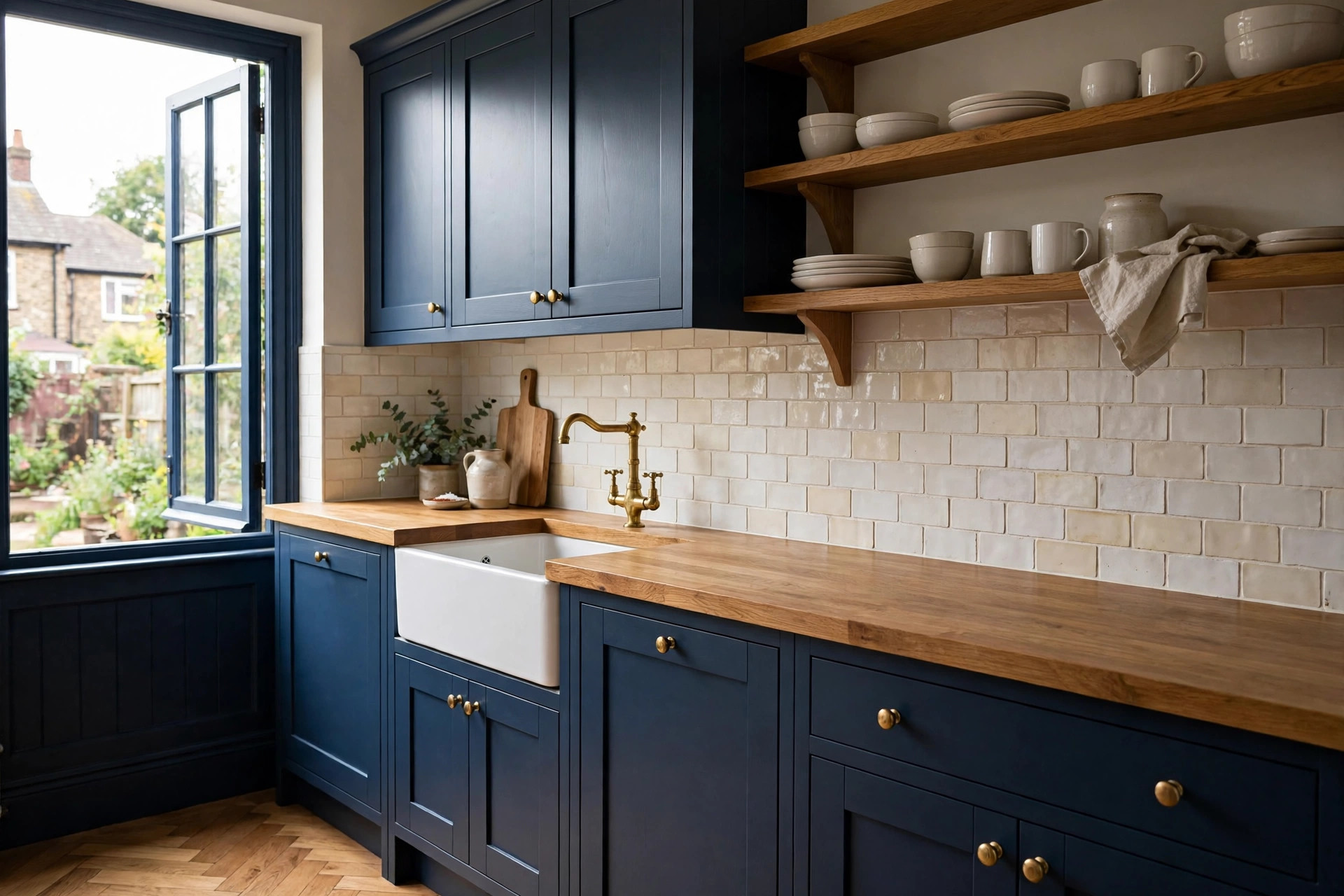 Newly fitted navy shaker kitchen with oak worktop, Belfast sink and brass tap