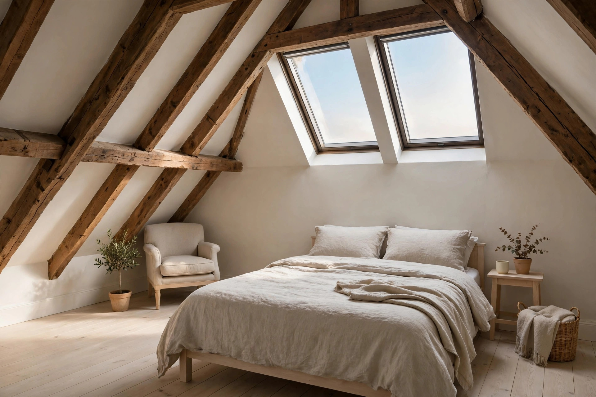Converted loft bedroom with exposed timber beams, skylight windows and neutral linen bedding