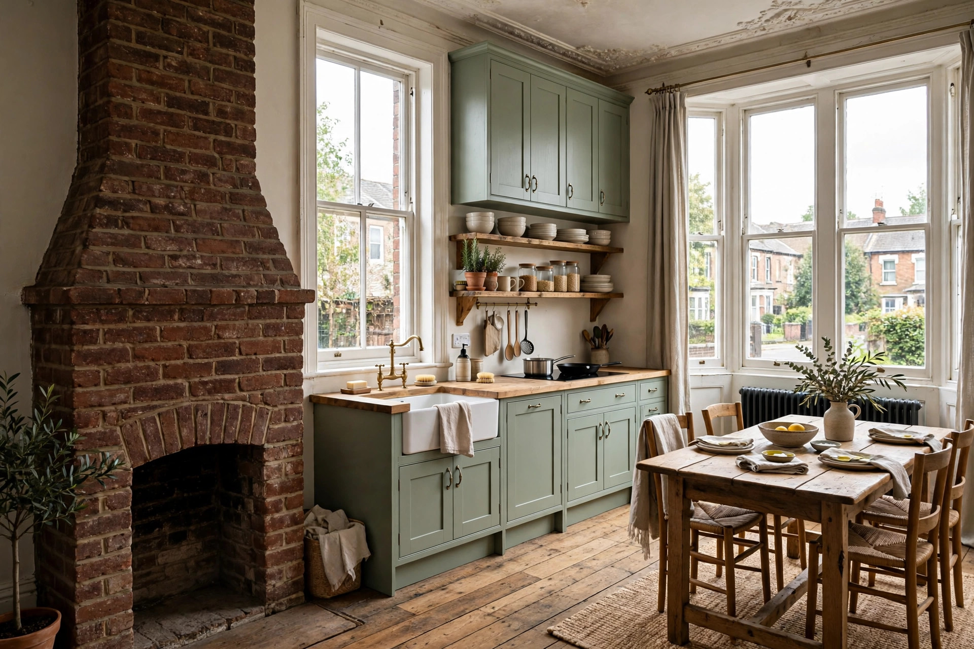 Renovated open-plan kitchen diner with sage green shaker units, Belfast sink and exposed brick chimney breast