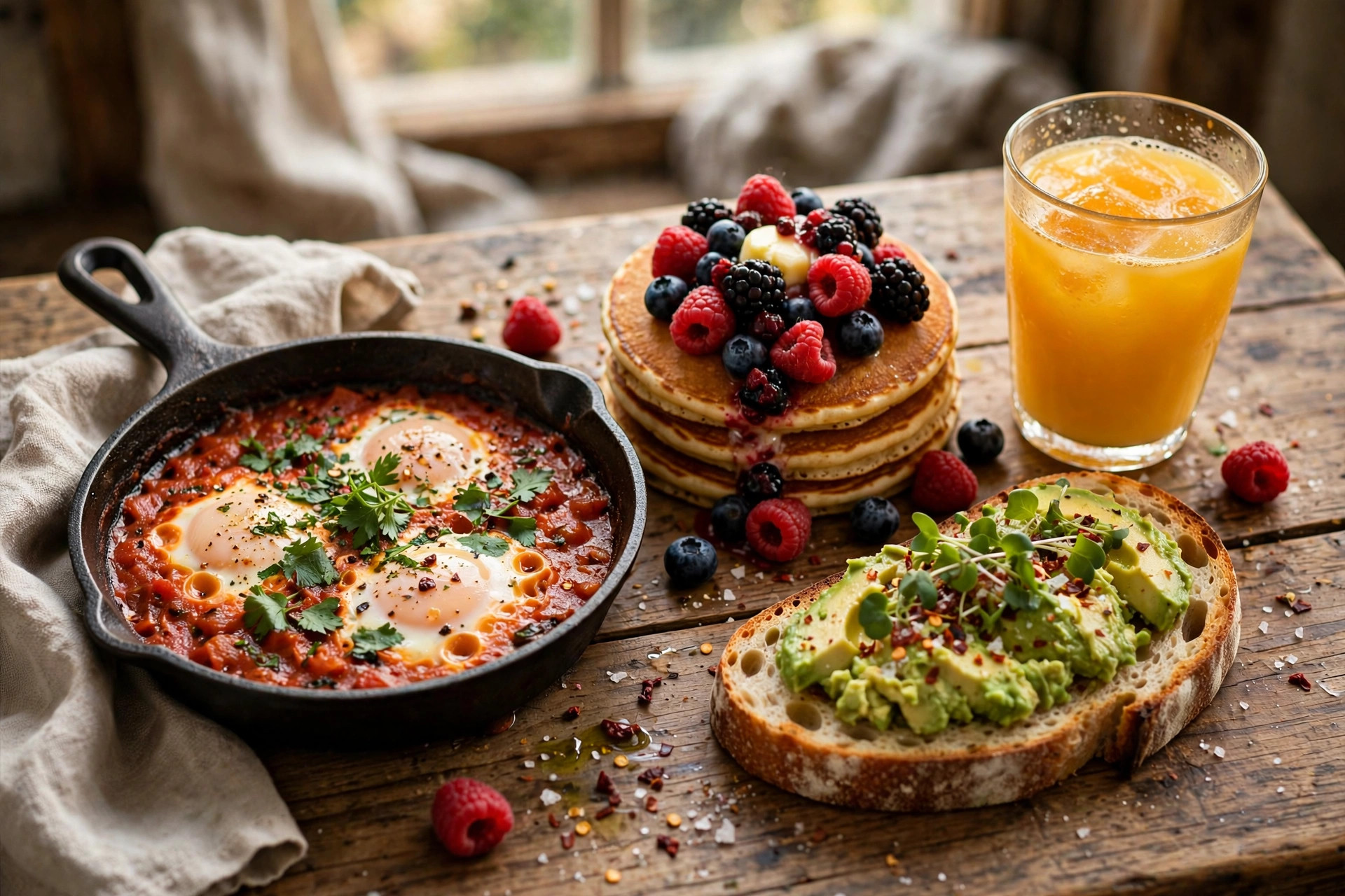 Brunch plates on a wooden table: shakshuka in a cast iron pan, berry pancakes and avocado on sourdough