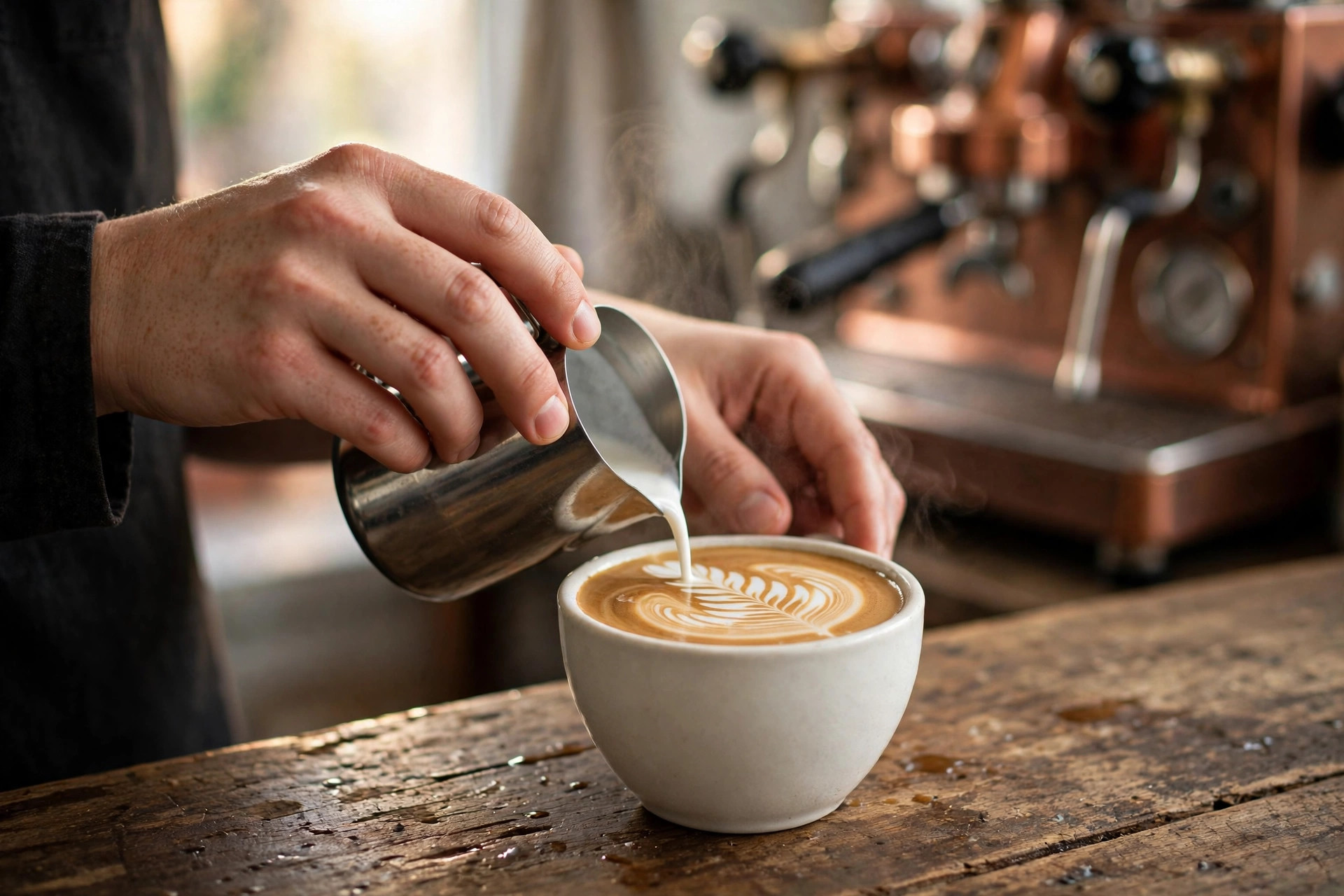 Barista pouring latte art into a flat white on the wooden counter
