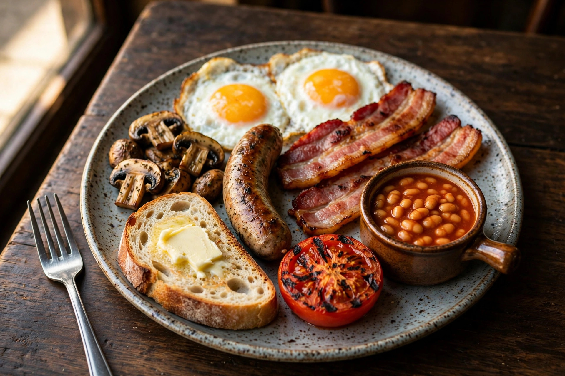 The full Manchester breakfast: fried eggs, bacon, sausage, beans, mushrooms, grilled tomato and buttered sourdough