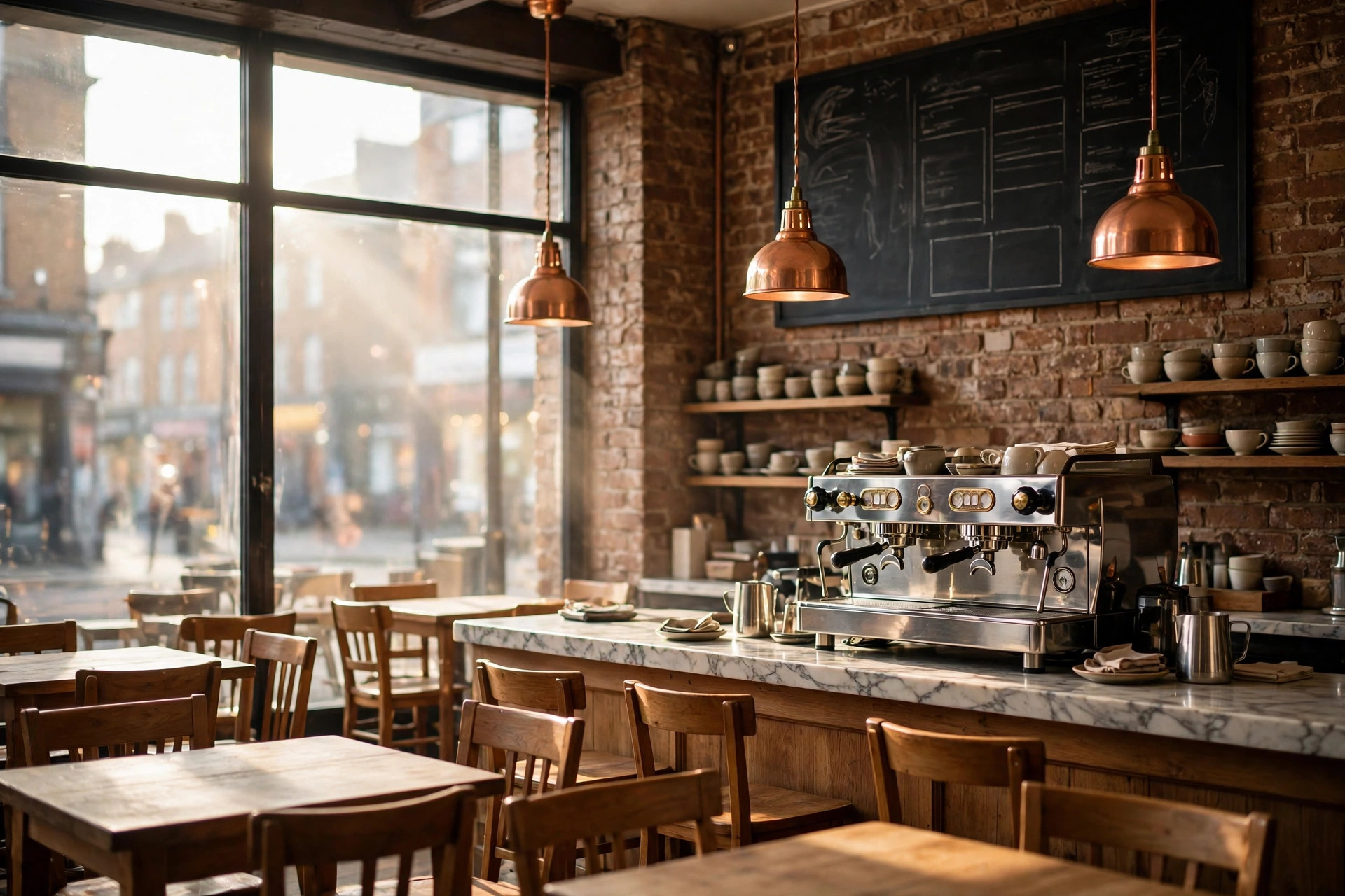 Inside The Copper Kettle: brick walls, copper pendant lights and the marble counter with its espresso machine, morning light through the windows