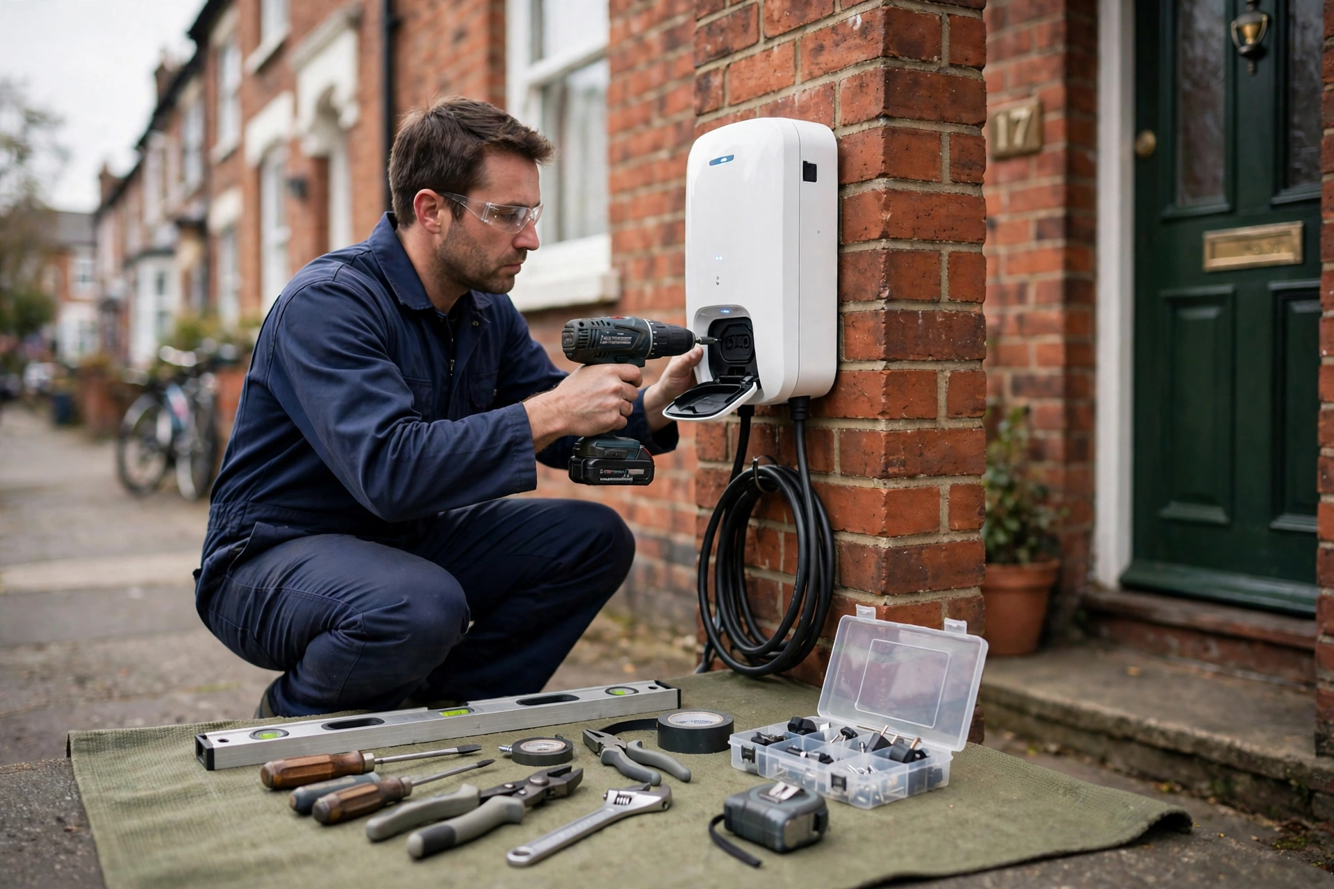 Electrician mounting a home EV charger on the brick wall of a Liverpool terraced house
