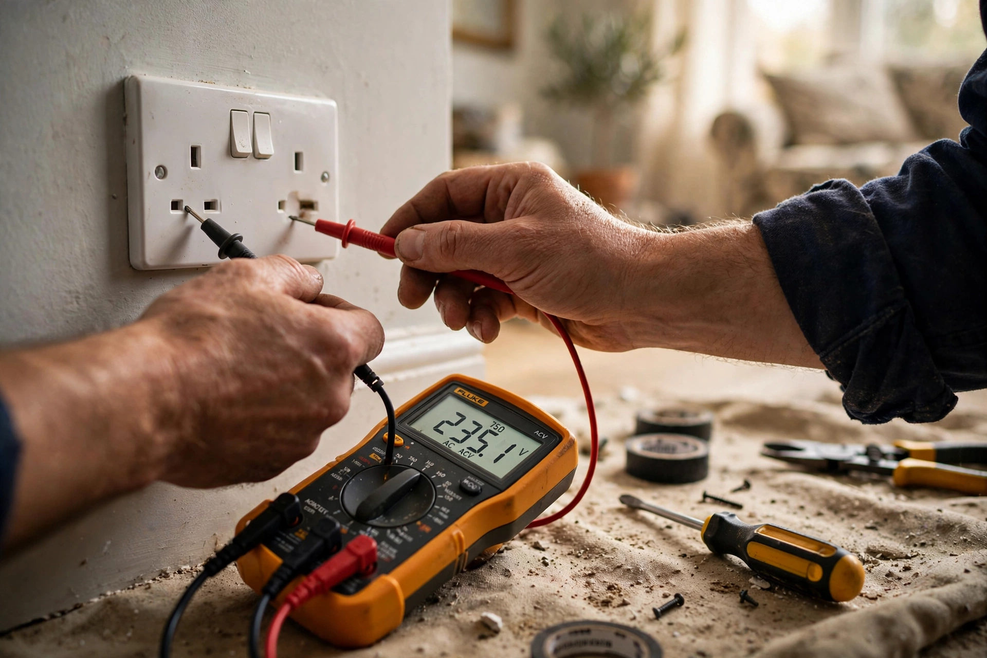 Electrician testing circuits with a multimeter during an EICR landlord safety inspection
