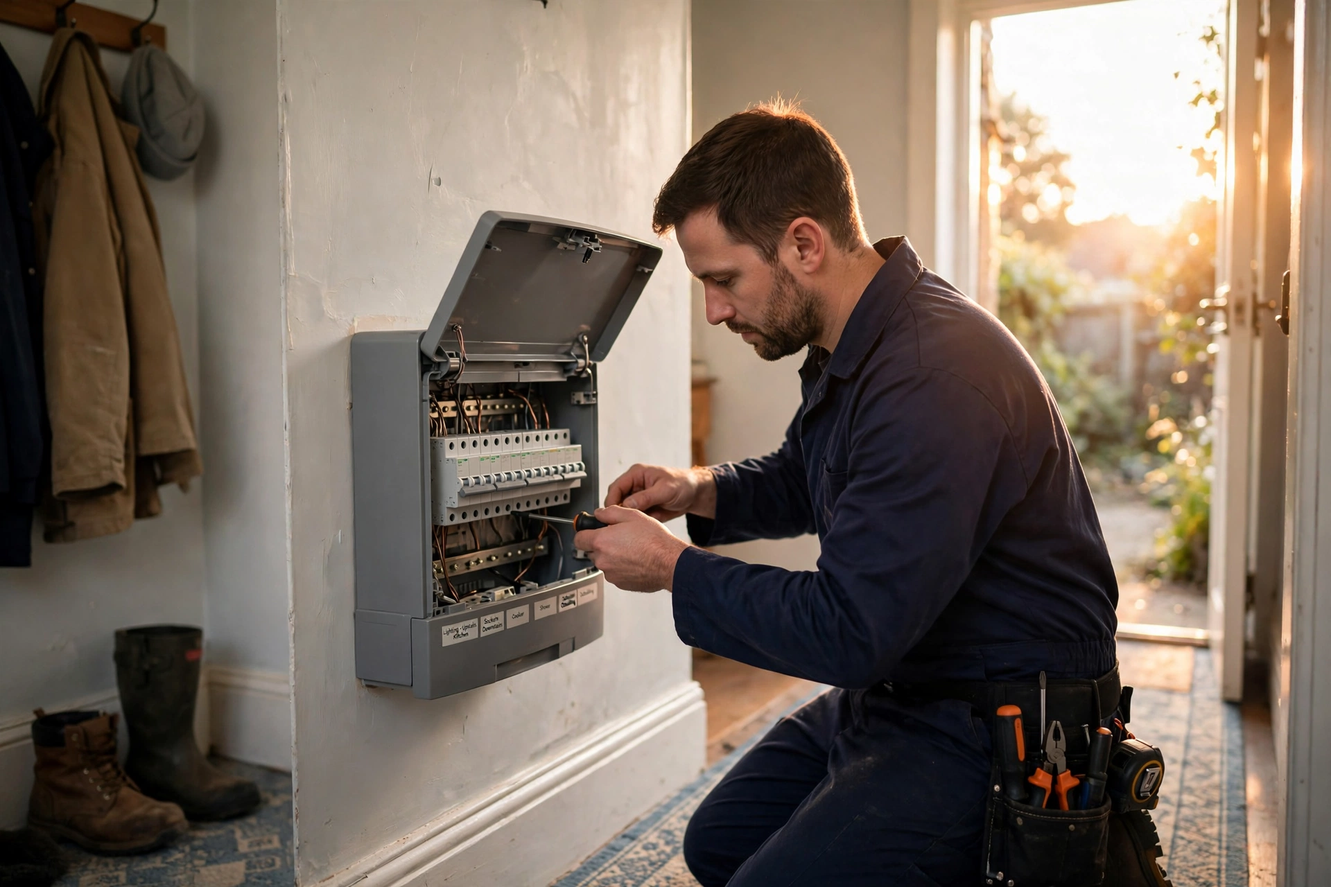Copperline electrician fitting a modern consumer unit in a Liverpool home, warm afternoon light