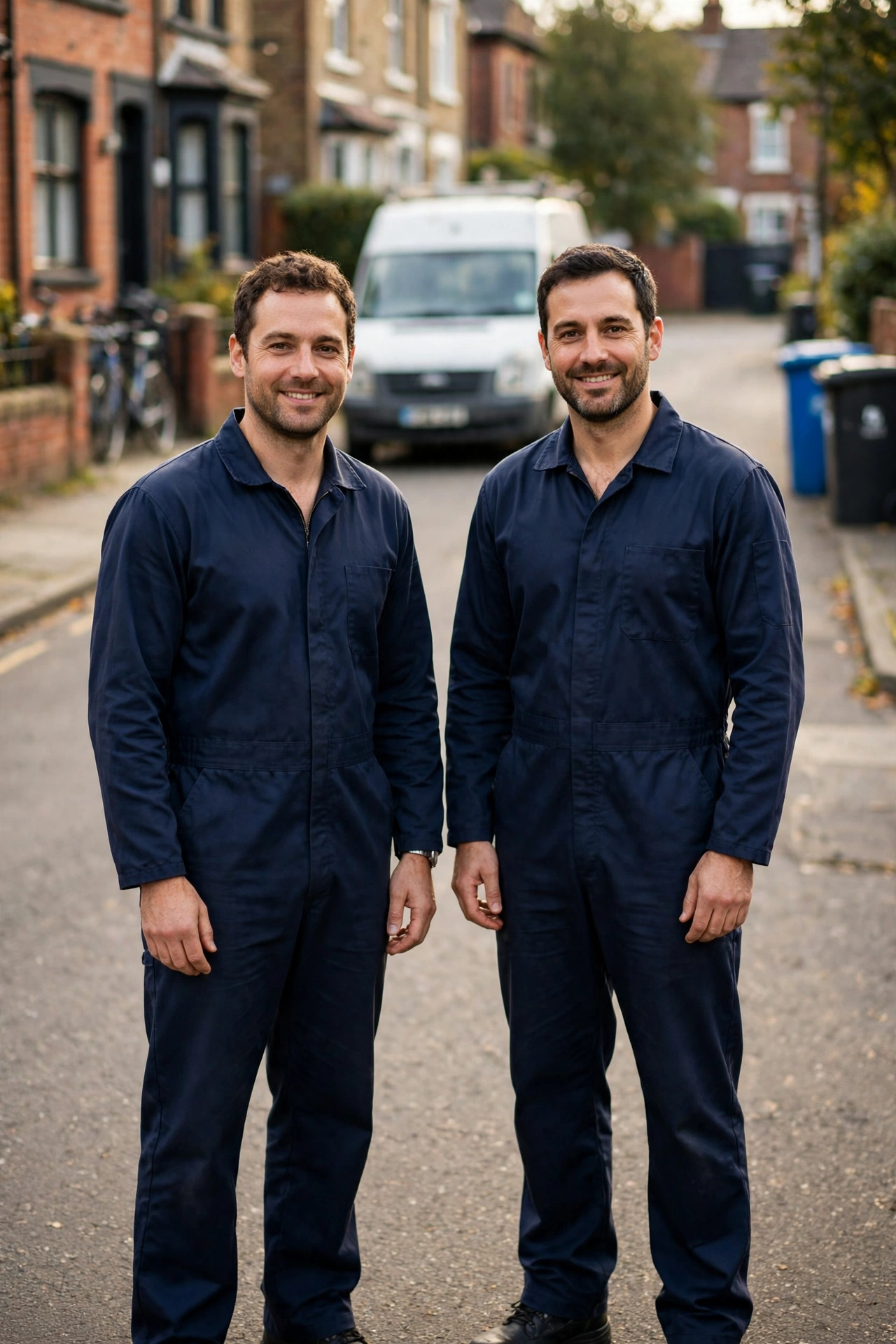 The two Copperline electricians in navy workwear on a Liverpool residential street