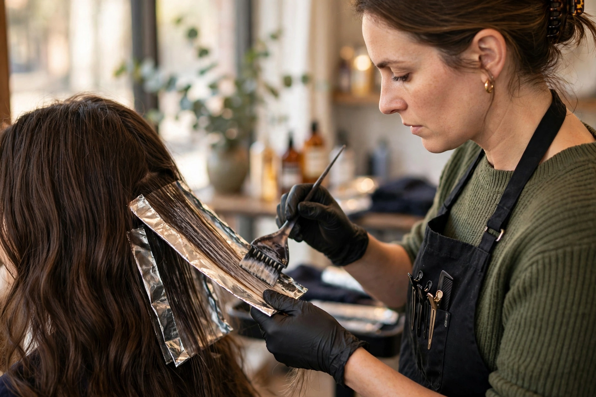 Stylist painting colour onto foiled sections of long dark hair