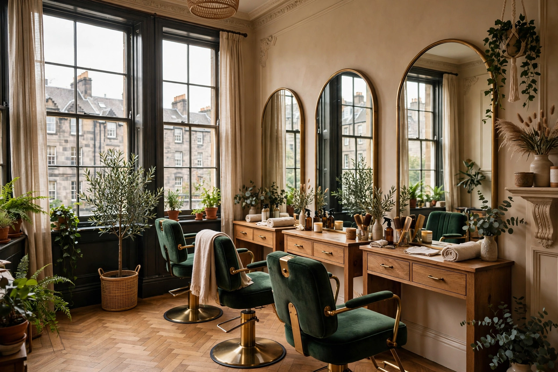 Inside Thistle and Comb: velvet styling chairs, arched mirrors and tall sash windows in a Stockbridge townhouse salon
