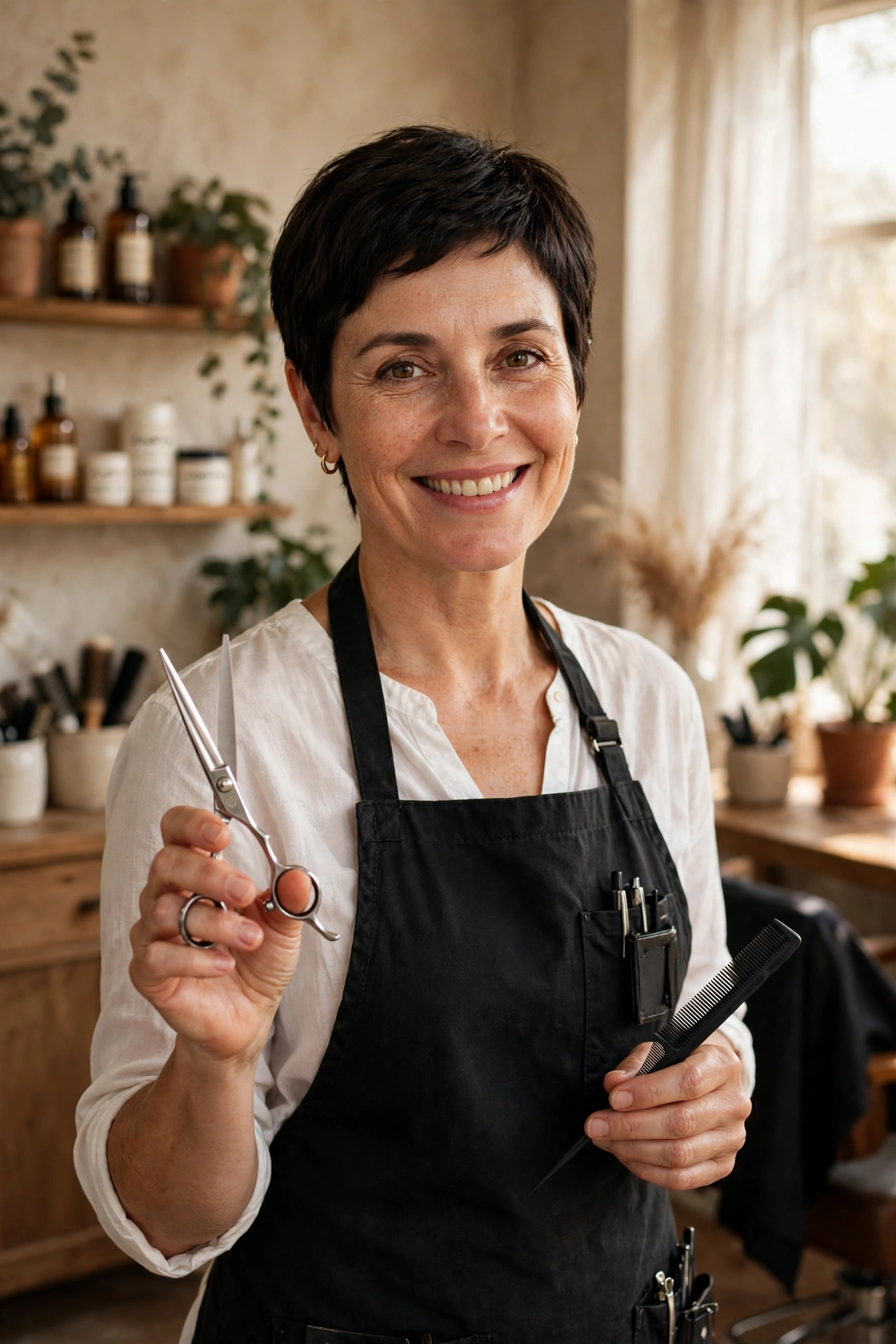 Grace, senior stylist at Thistle and Comb, holding scissors and a comb
