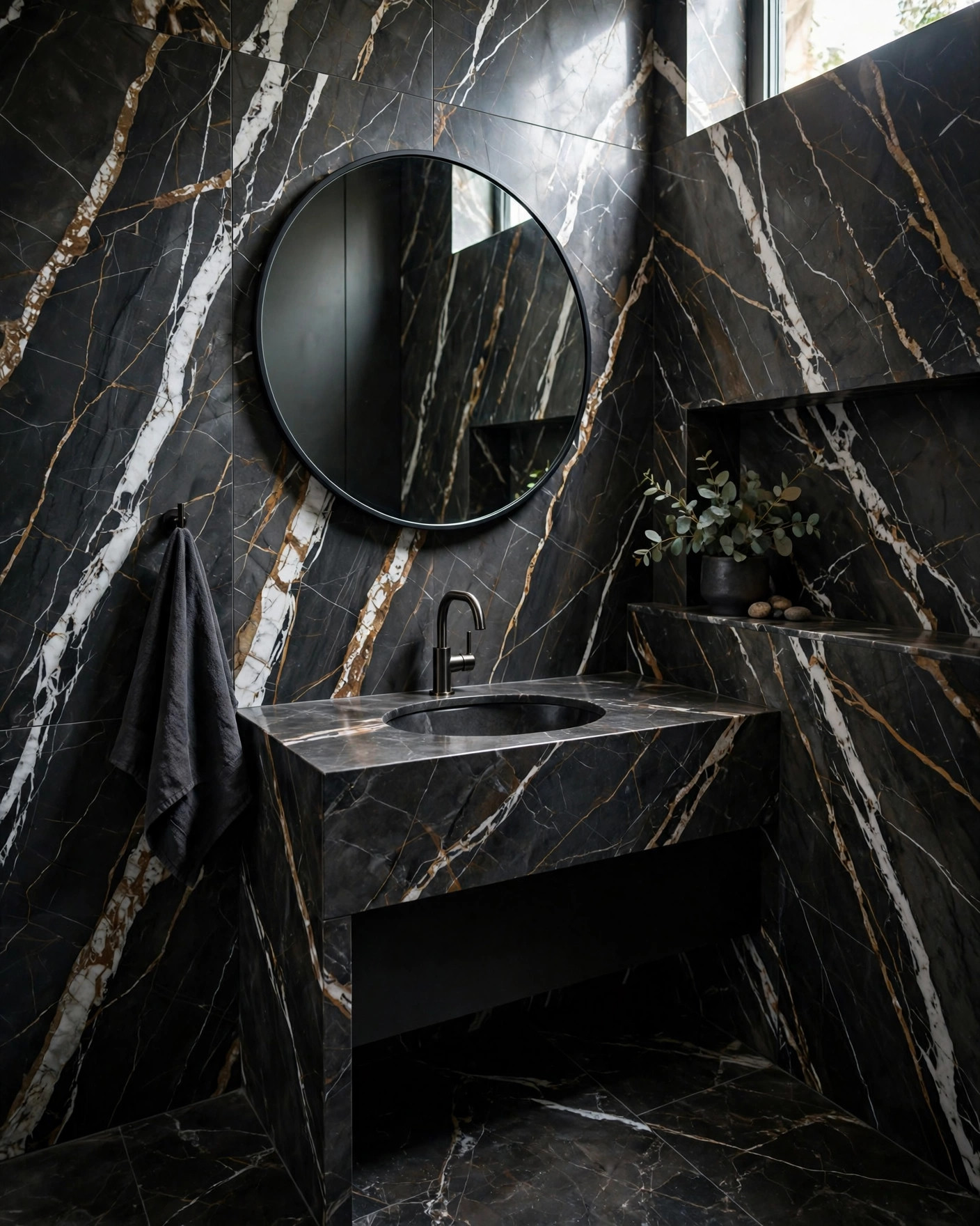 A dark marble bathroom installation