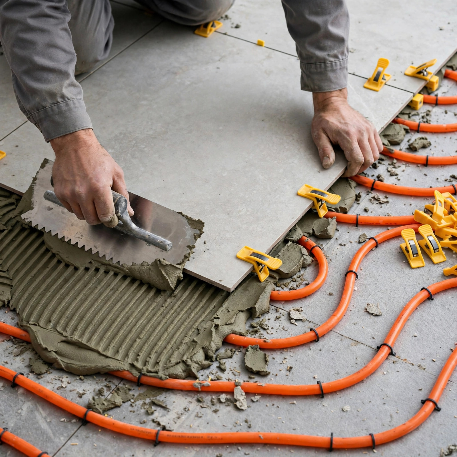 Large format floor tiles over underfloor heating
