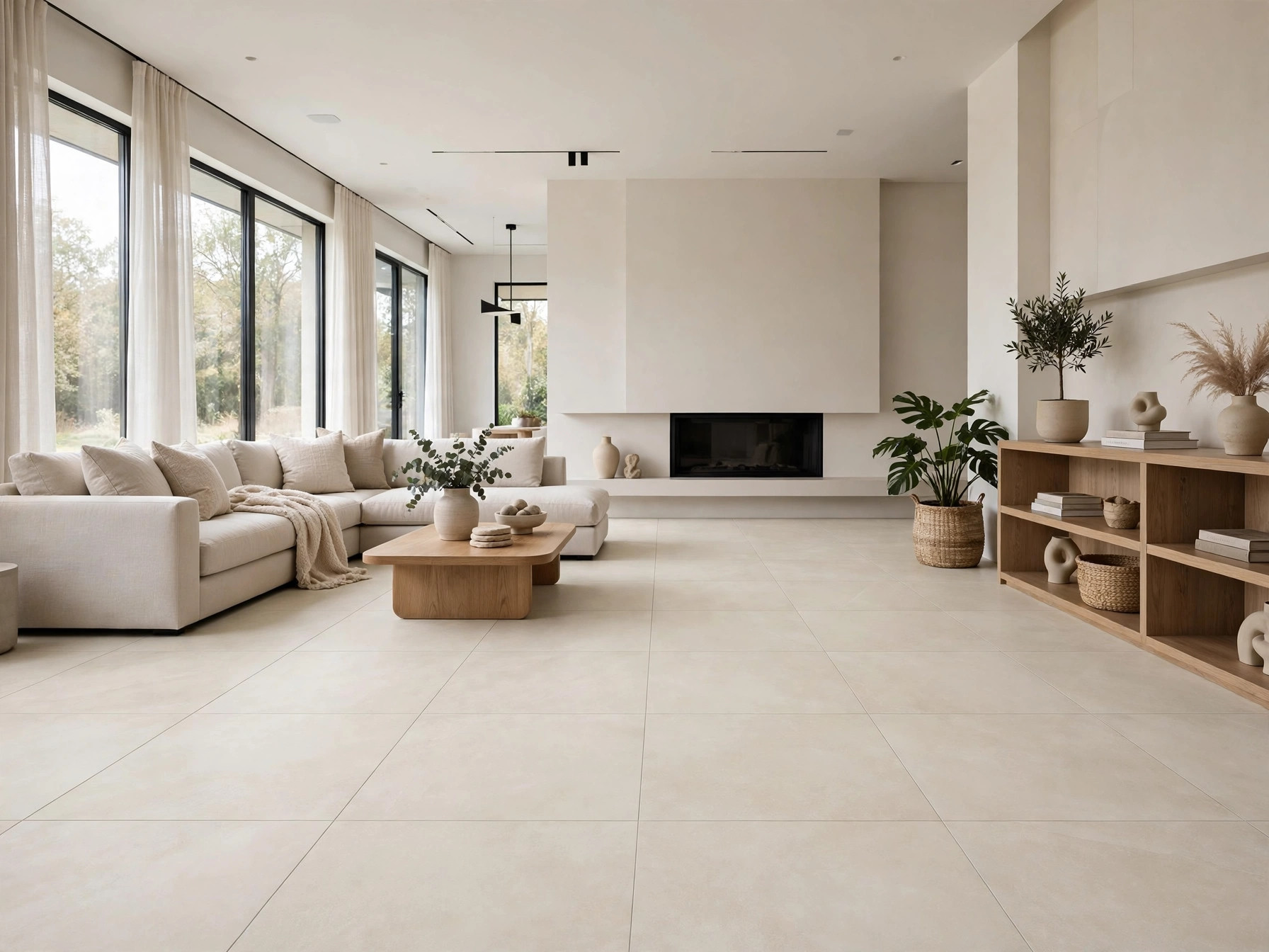 Large format porcelain floor tiles perfectly aligned