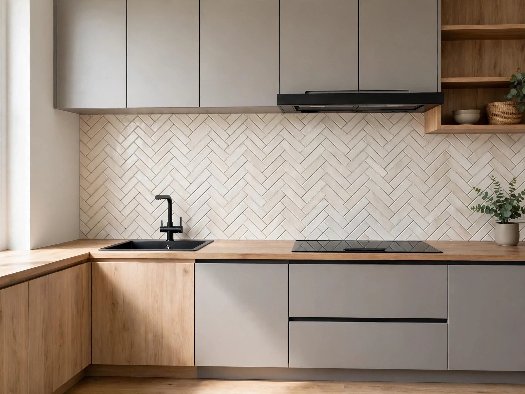 Herringbone pattern tiled kitchen splashback