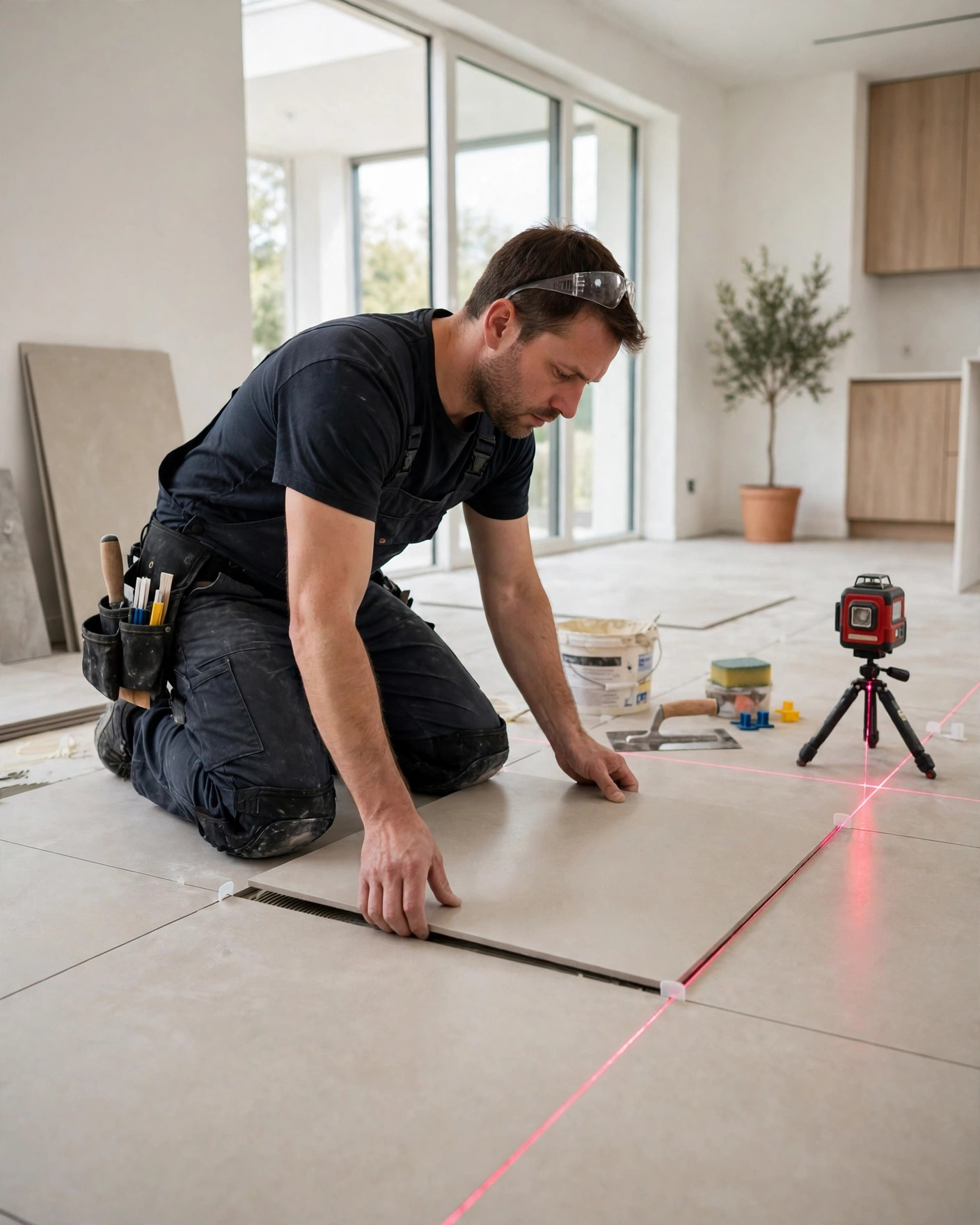 Professional tiler installing large format floor tiles