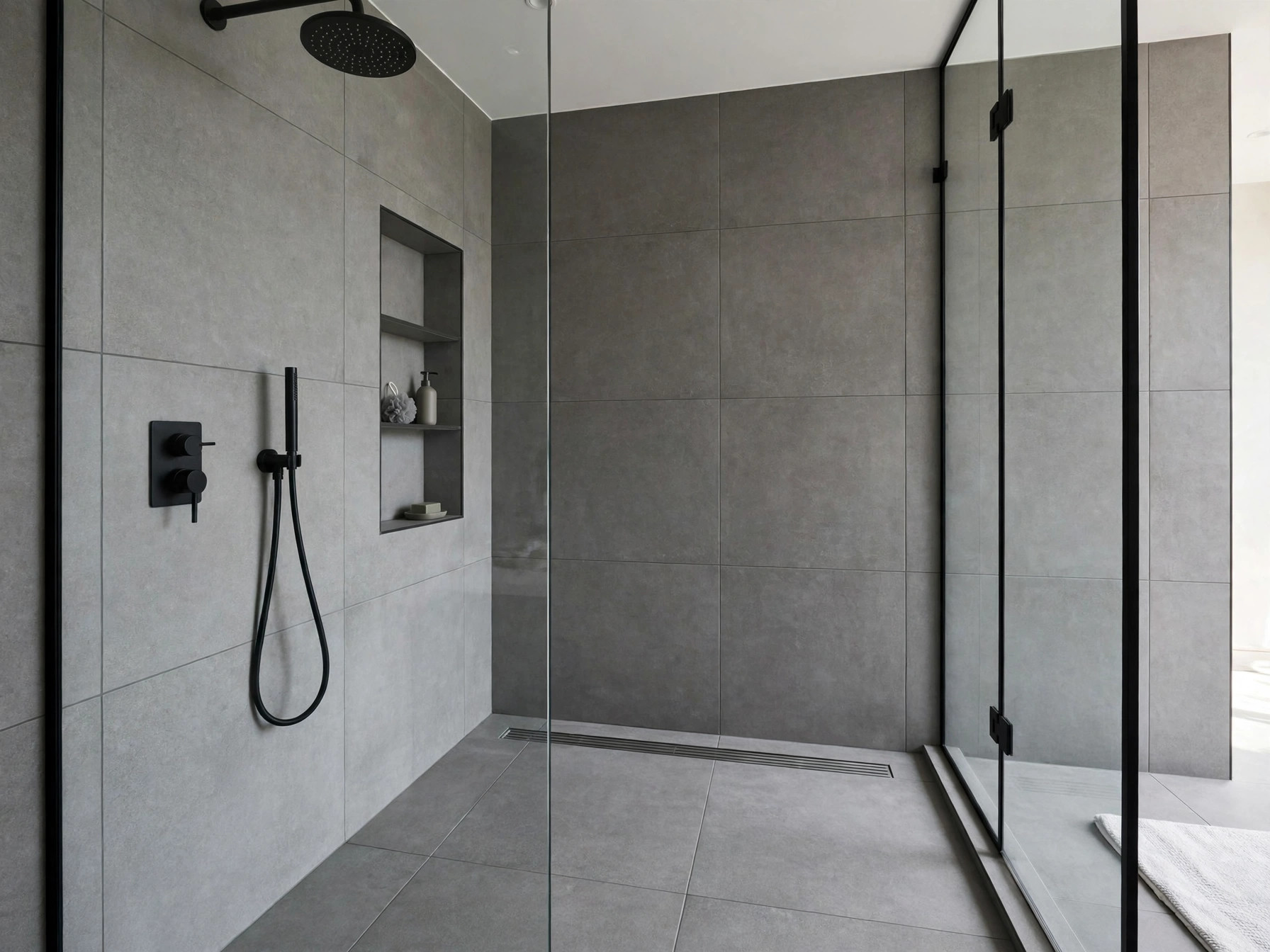 A fully tiled waterproof wet room shower enclosure